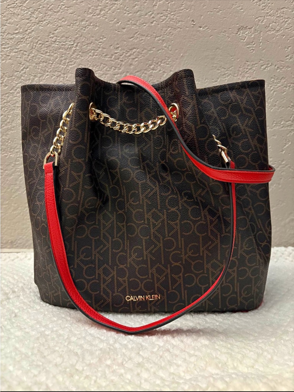 Calvin Klein Brown Monogram Shoulder Bag with Red Trim and Gold Chain Strap